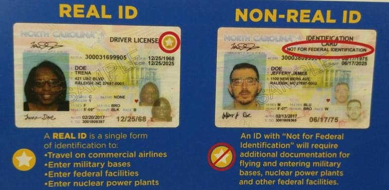 Side-by-side comparison of a REAL ID with a gold star and a non-compliant driver’s license marked 'Not for Federal Identification'—highlighting the visual differences travelers need to know