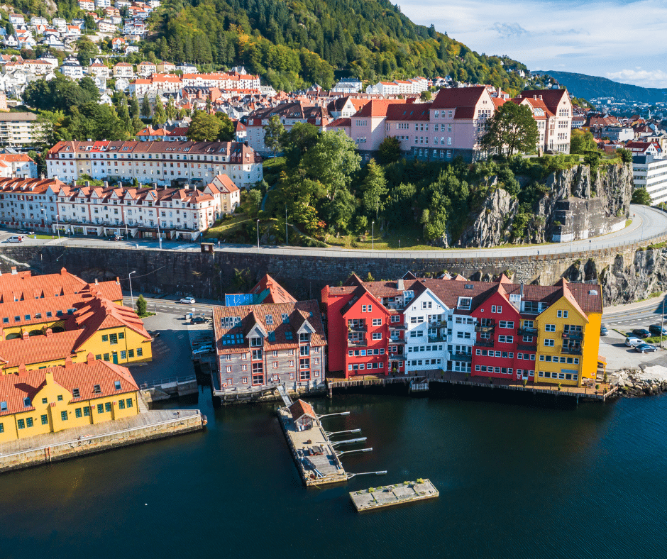 Bird’s-eye view of Bergen Old Town and Bryggen Wharf, a scenic highlight of Norway fjords travel and adventure in Europe 2025.