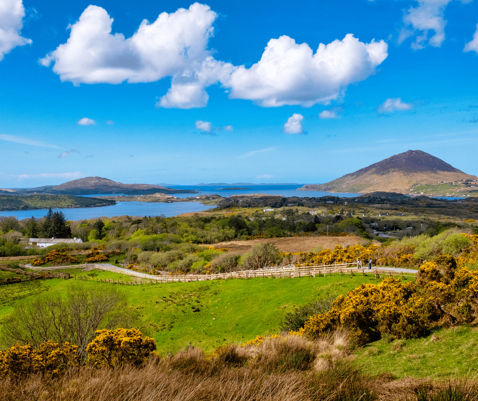 Photo of Connemara National Park featuring rugged hills, peat bogs, and winding trails under a dramatic sky in western Ireland.