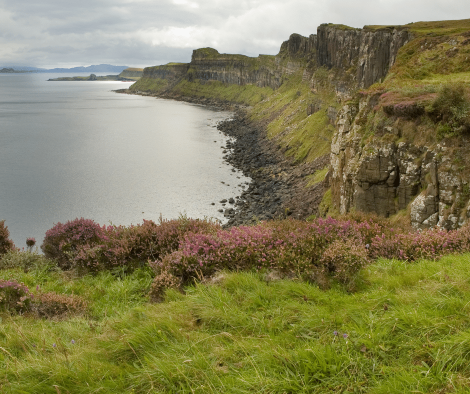 Dramatic coastal cliffs and mountains on the Isle of Skye, Scotland