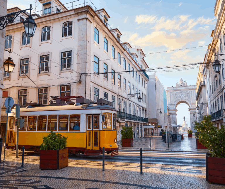 Lisbon, Portugal. Yellow touristic retro tram