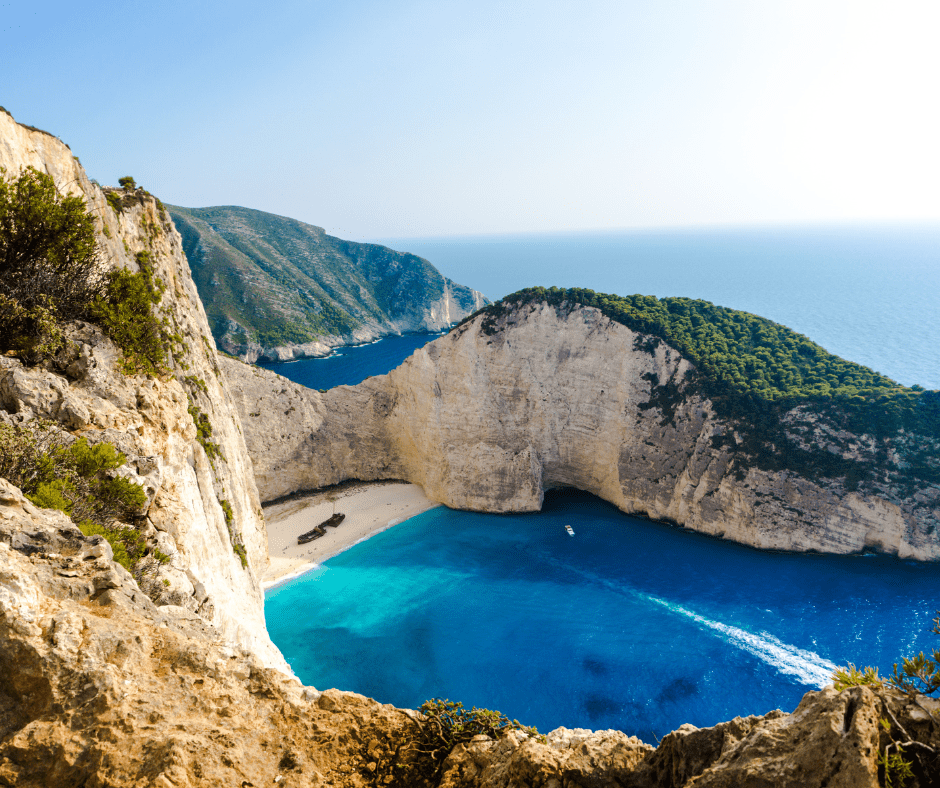 Optional extension to a 10 day Greece itinerary: Navagio Beach in Zakynthos with dramatic cliffs and the famous shipwreck on the shore