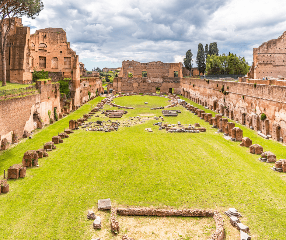 Palatine Stadium, also known as the Hippodrome of Domitian, at the Palatine Hill archaeological site in Rome, Italy.