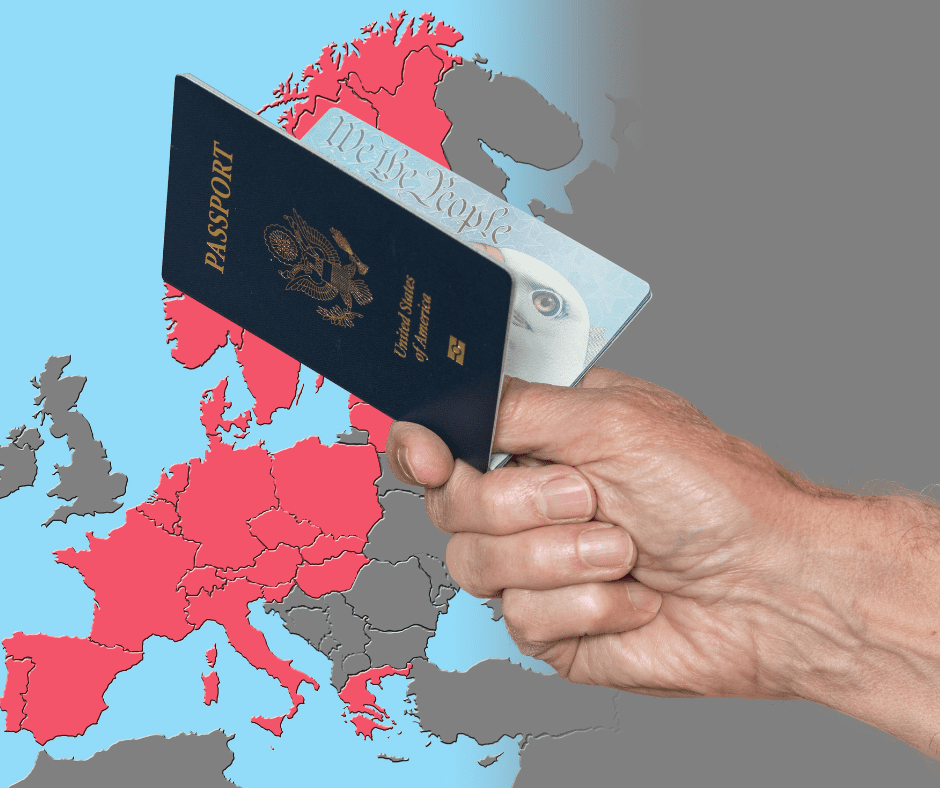 Senior man holding US passport on map of Schengen Zone of European Union in preparation for ETIAS visa