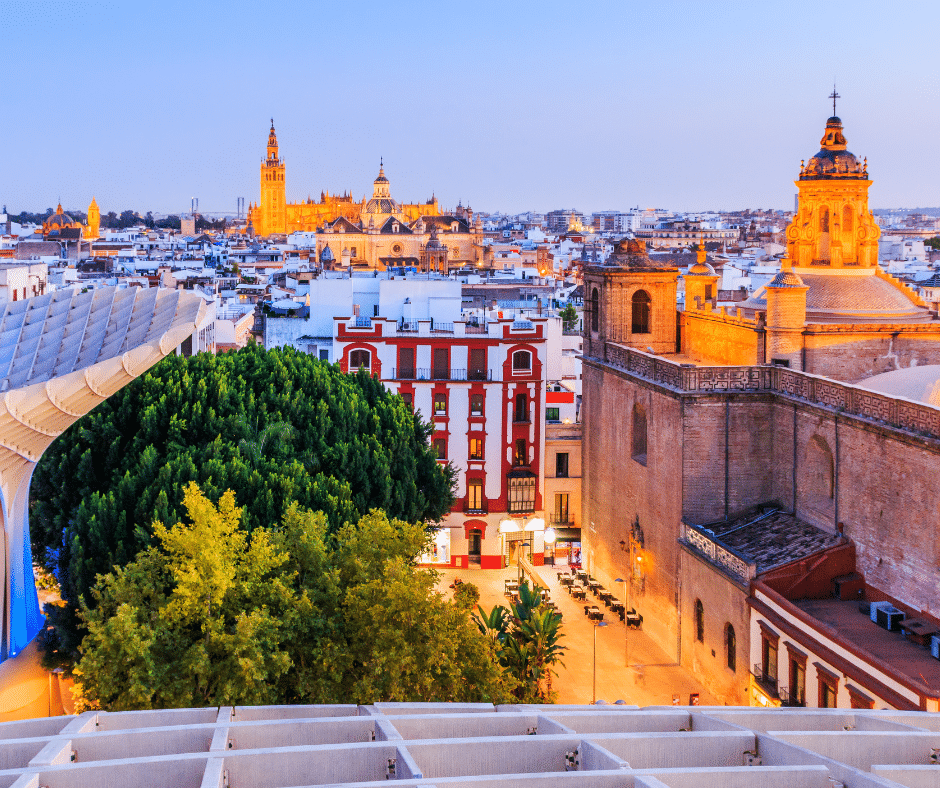 Old Town skyline of Seville, Spain, showcasing Moorish architecture and cultural landmarks—perfect for Spain travel destinations 2025.