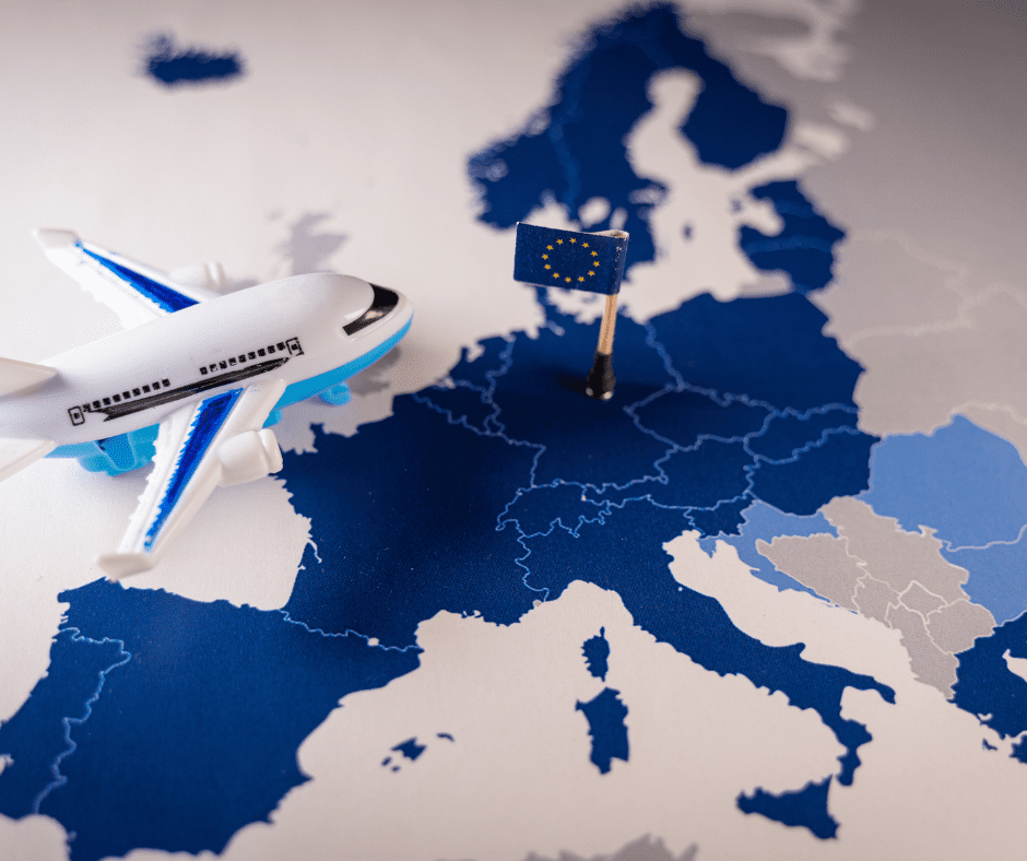 Map of the European Union with an EU flag overlay and an airplane icon, symbolizing international travel and upcoming entry changes such as ETIAS.