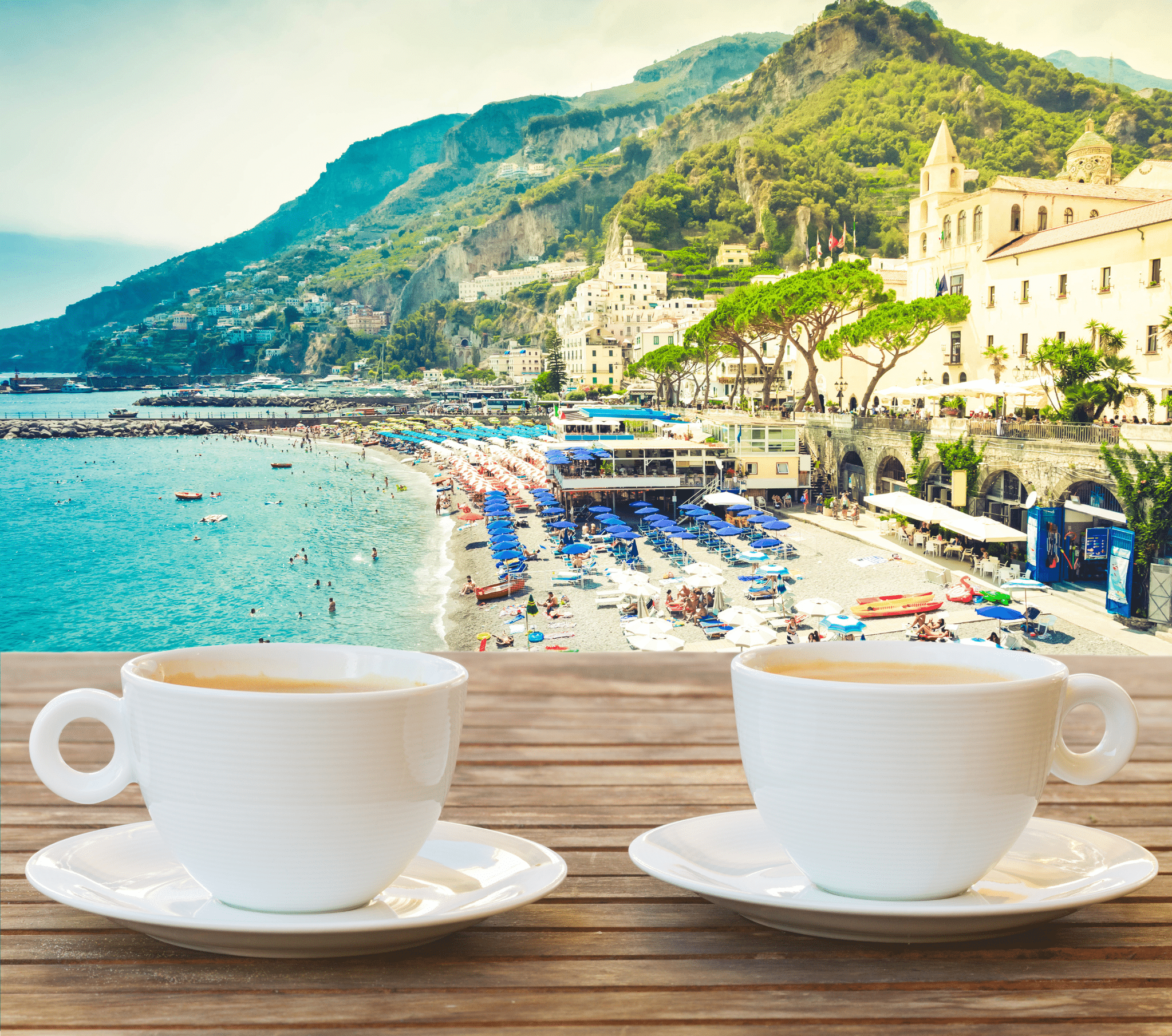 Charming outdoor café overlooking the Amalfi Coast with bright summer skies and turquoise waters, capturing the essence of a relaxed wanderer’s leisurely Italian escape.