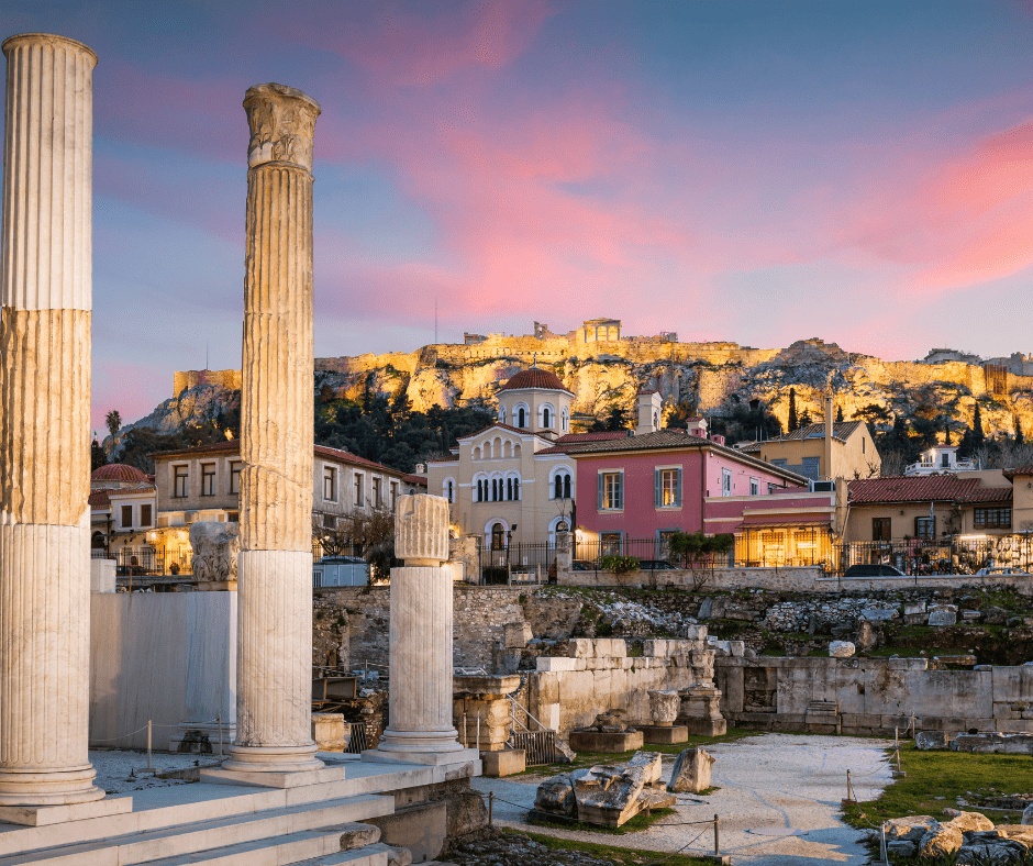 Start of a 10 day Greece itinerary: panoramic view of Athens with the Acropolis overlooking he city’s vibrant urban landscape