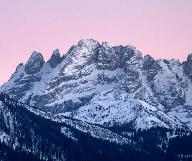 Winter sunset view of the Dolomites near Cortina d’Ampezzo, Italy