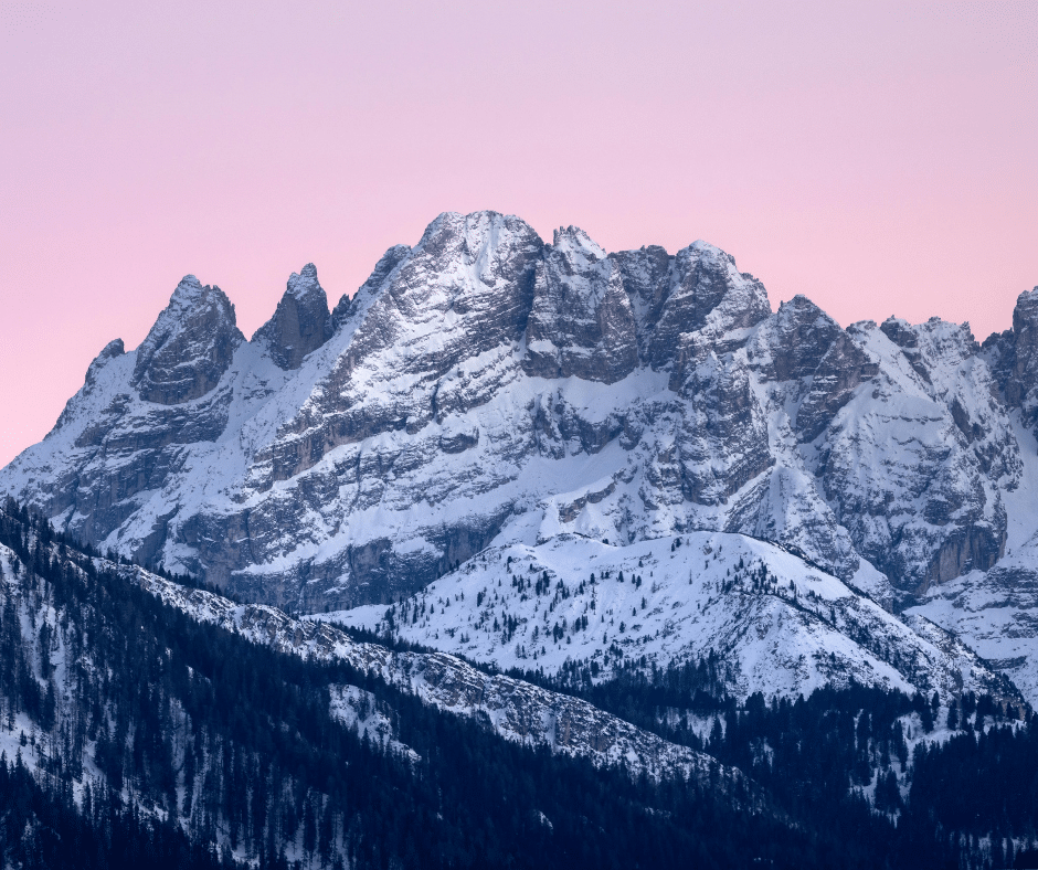 Winter sunset view of the Dolomites near Cortina d’Ampezzo, Italy