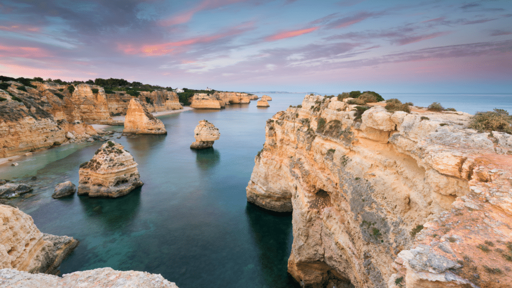 amazing sunset at Marinha Beach in the Algarve, Portugal