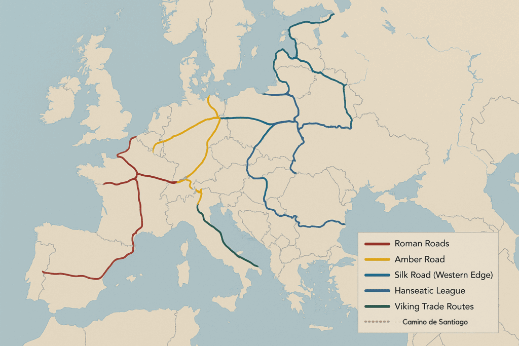 Stylized map of Europe showing six historic trade routes—Roman Roads in deep red, the Amber Road in golden yellow, the Silk Road’s western edge in teal, Hanseatic League routes in navy blue, Viking trade routes in dark green, and the Camino de Santiago in light brown dashes—each marked distinctly without text or city labels.