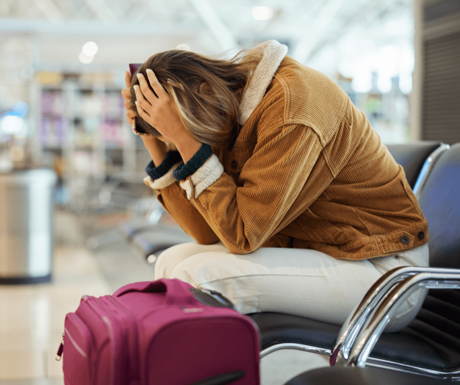 An upset woman sitting on a bench at the airport, holding her head in her hands, illustrating the stress and frustration of travel disruptions that standard insurance may not fully cover.